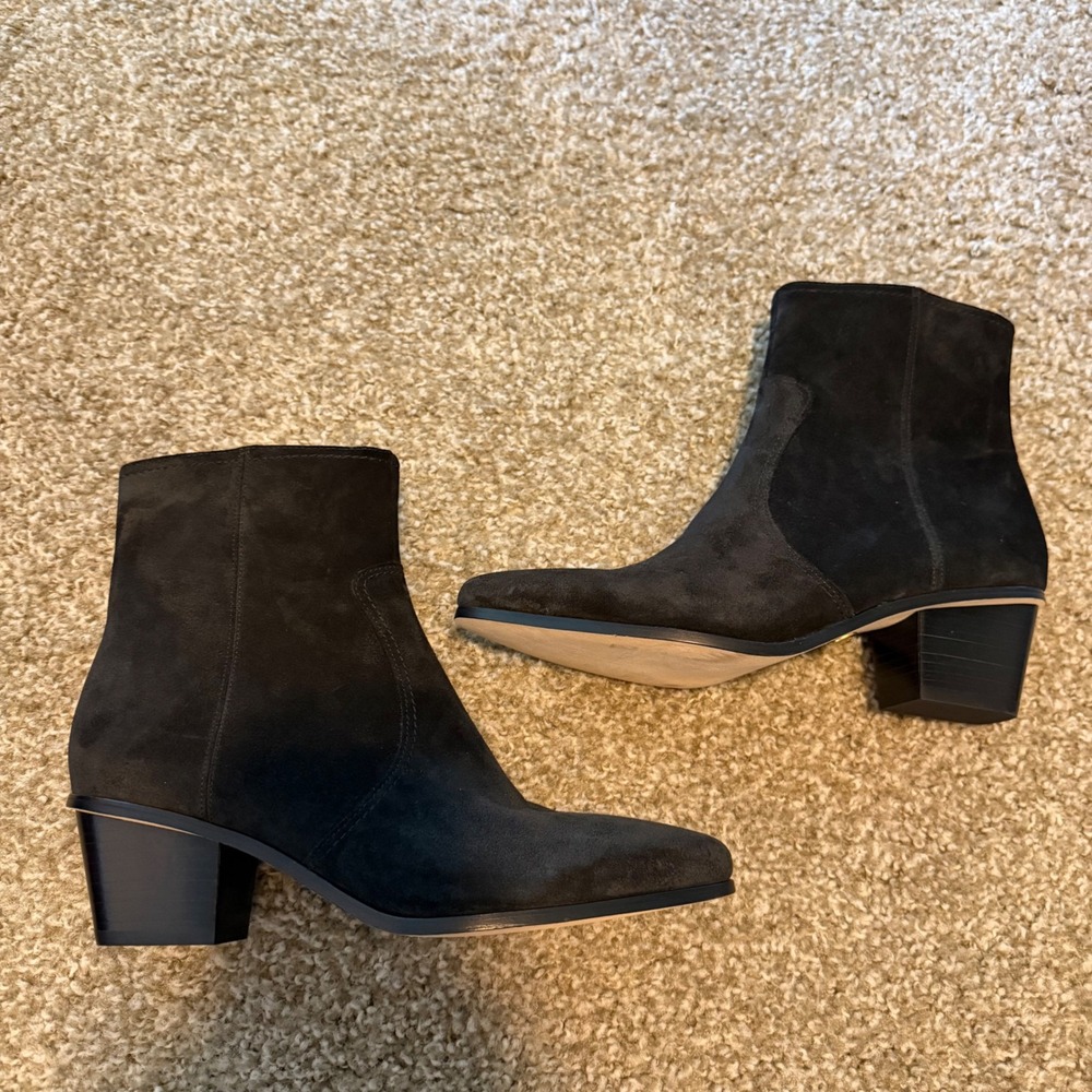 Veronica Beard Cera Black Suede Pointed Toe Block Heel Ankle Boots 7 designer